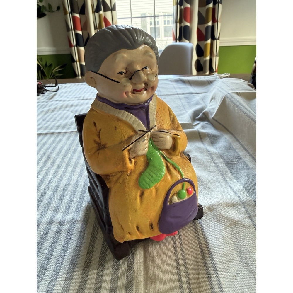 Vintage Retirement Fund Coin Bank Knitting Grandmother Rocking Chair Korea
